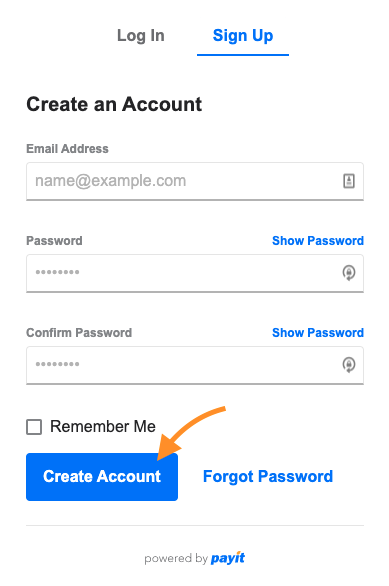 Screenshot of create account page