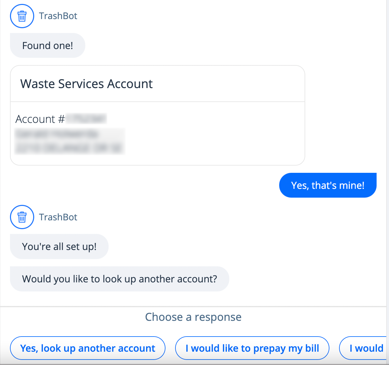 Screenshot of TrashBot conversation experience