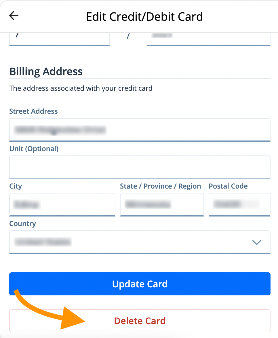 Screenshot of edit payment method feature